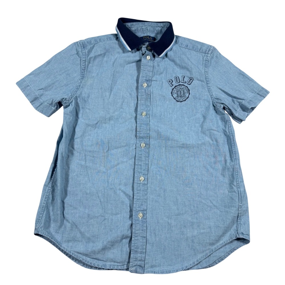 Polo Ralph Lauren Button Down Boy L 14-16 Blue Chambray Crest Short Sleeve Shirt